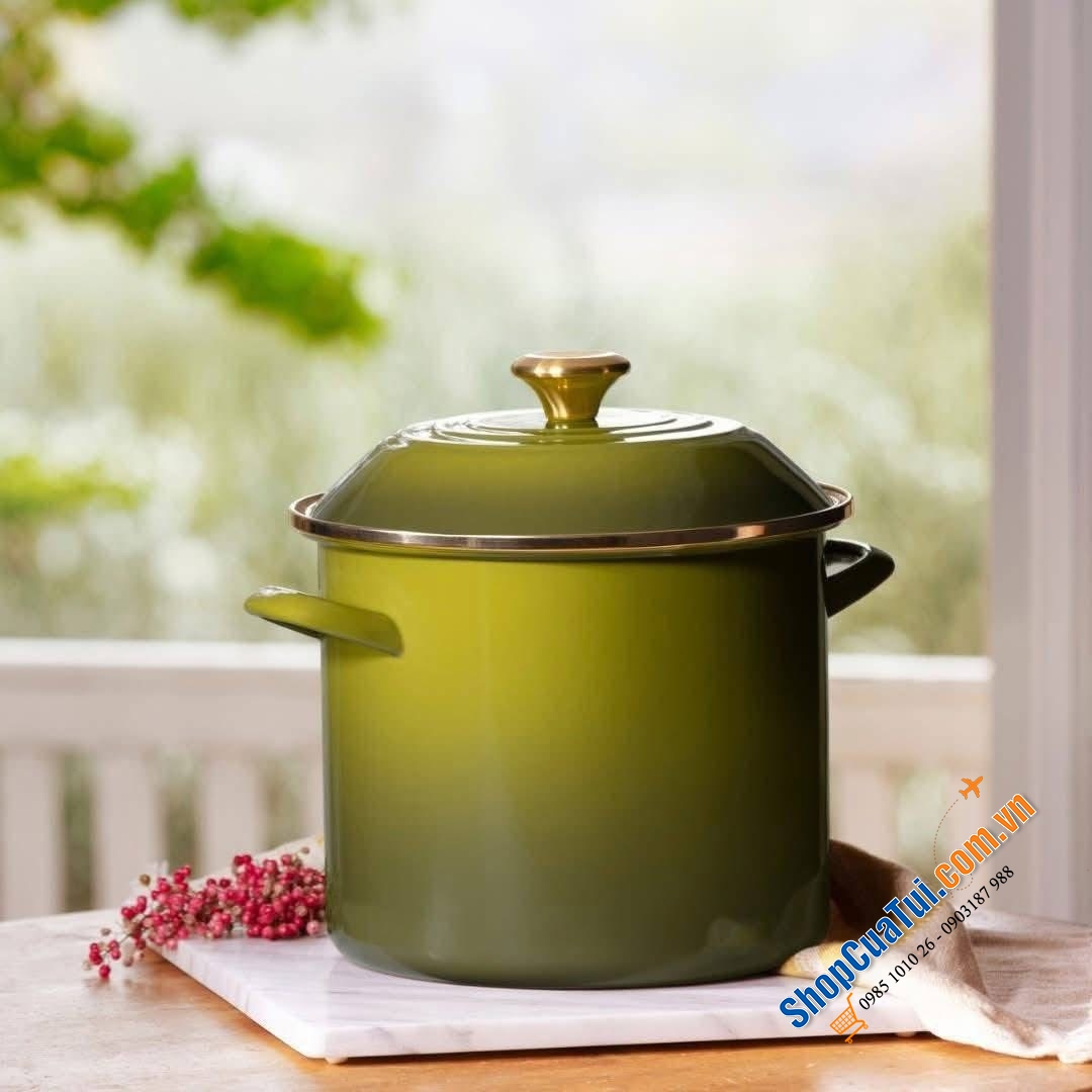 Nồi luộc gà nấu phở Le Creuset 9,2l màu xanh Olive - bản limited núm, viền vàng.