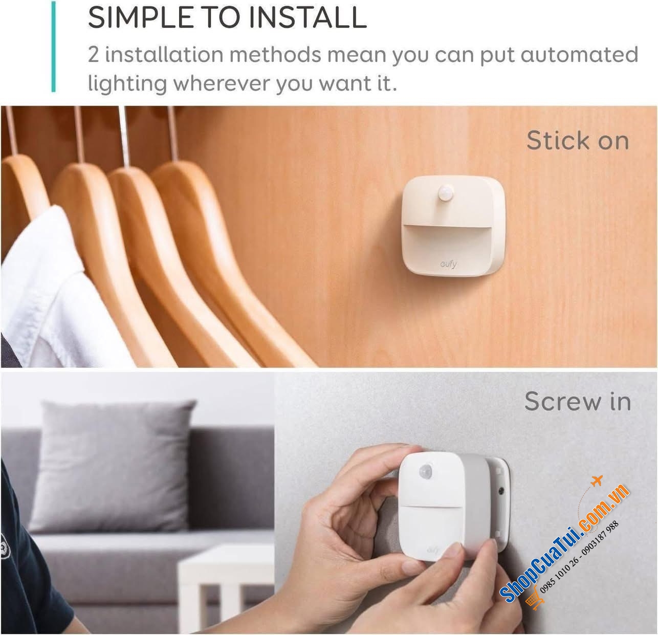 Set 3 ĐÈN LED CẢM ỨNG EUFY V1 không CẦN Ổ ĐIỆN, TỰ CẢM ỨNG, LÝ TƯỞNG BAN ĐÊM cho mọi nơi (phòng ngủ, hành lang,tủ quần áo, phòng trẻ em...)