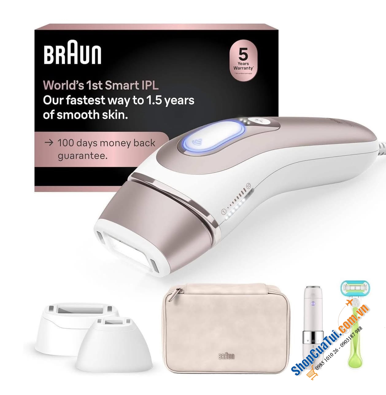 Máy triệt lông thông minh Braun Skin i·expert Smart IPL - PL7219 - Made in UK. (Model mới nhất, xịn xò nhất của Braun, đi kèm 3 đầu triệt & kết nối App) tặng kèm máy tẩy lông mặt & dao cạo.