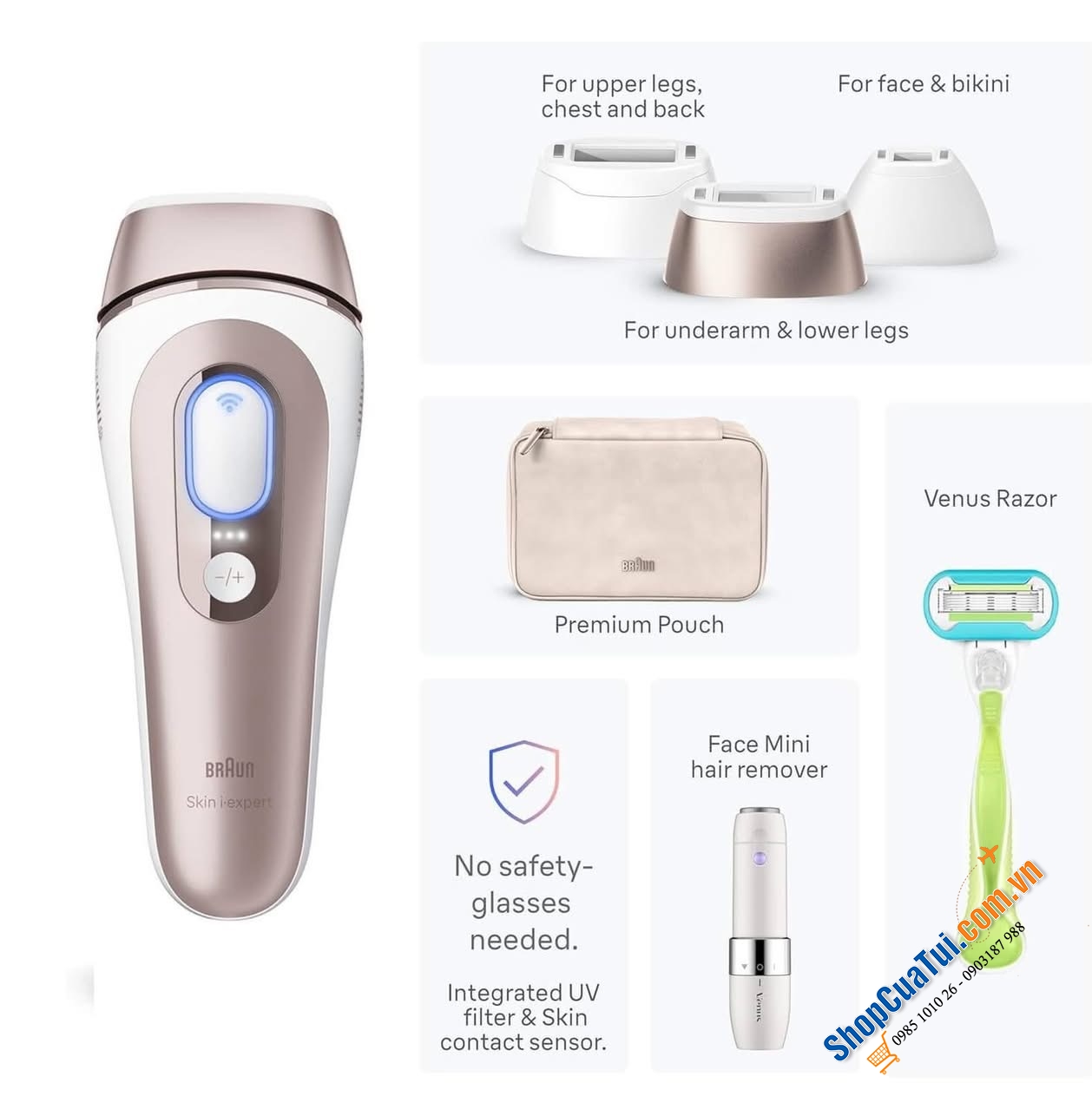 Máy triệt lông thông minh Braun Skin i·expert Smart IPL - PL7219 - Made in UK. (Model mới nhất, xịn xò nhất của Braun, đi kèm 3 đầu triệt & kết nối App) tặng kèm máy tẩy lông mặt & dao cạo.