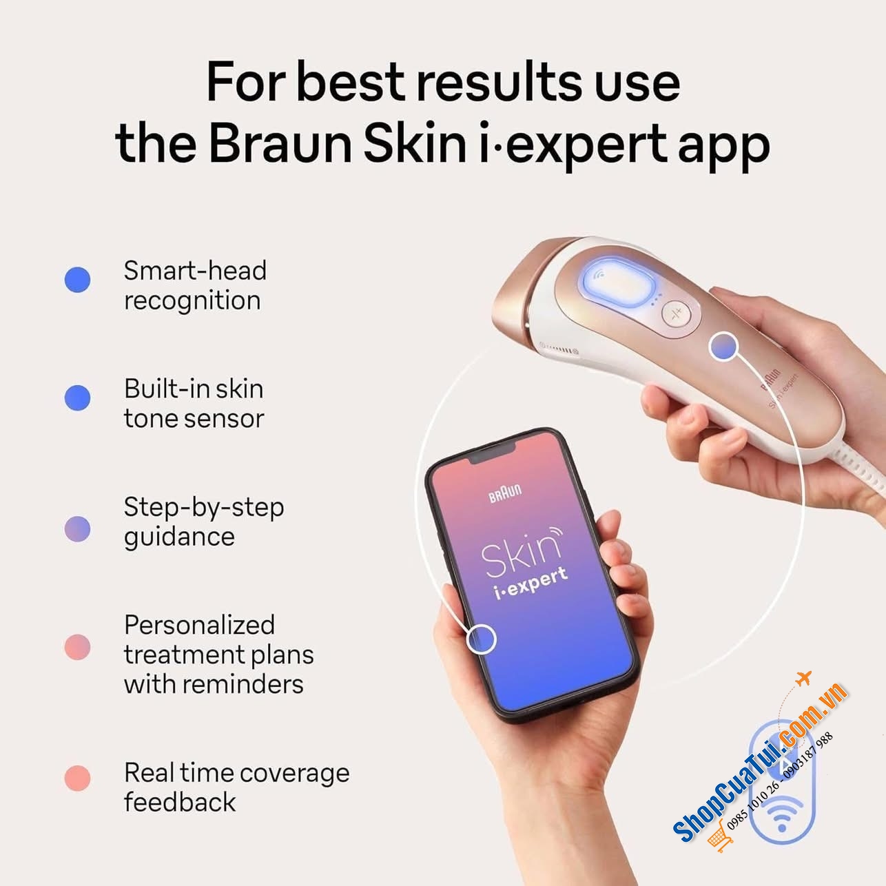 Máy triệt lông thông minh Braun Skin i·expert Smart IPL - PL7219 - Made in UK. (Model mới nhất, xịn xò nhất của Braun, đi kèm 3 đầu triệt & kết nối App) tặng kèm máy tẩy lông mặt & dao cạo.