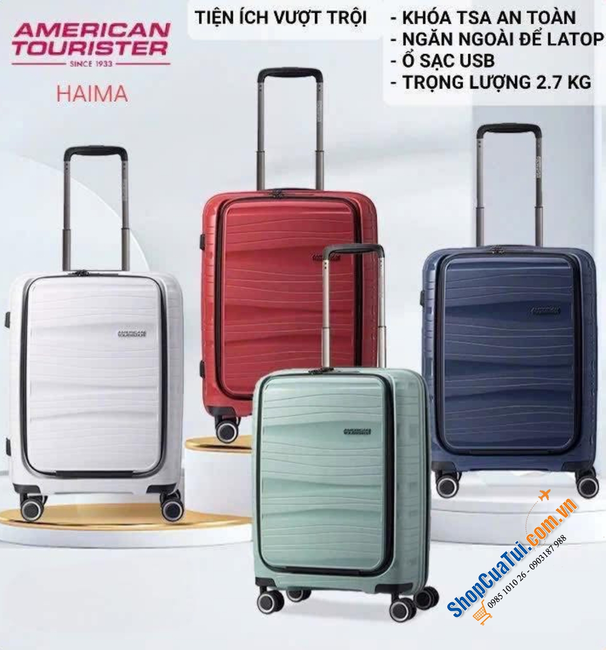 VALI AMERICAN TOURISTER HAIMA size cabin 20 inch - VALY DU LỊCH với ngăn đựng Laptop mặt trước, cổng sạc USB tiện ích đẳng cấp