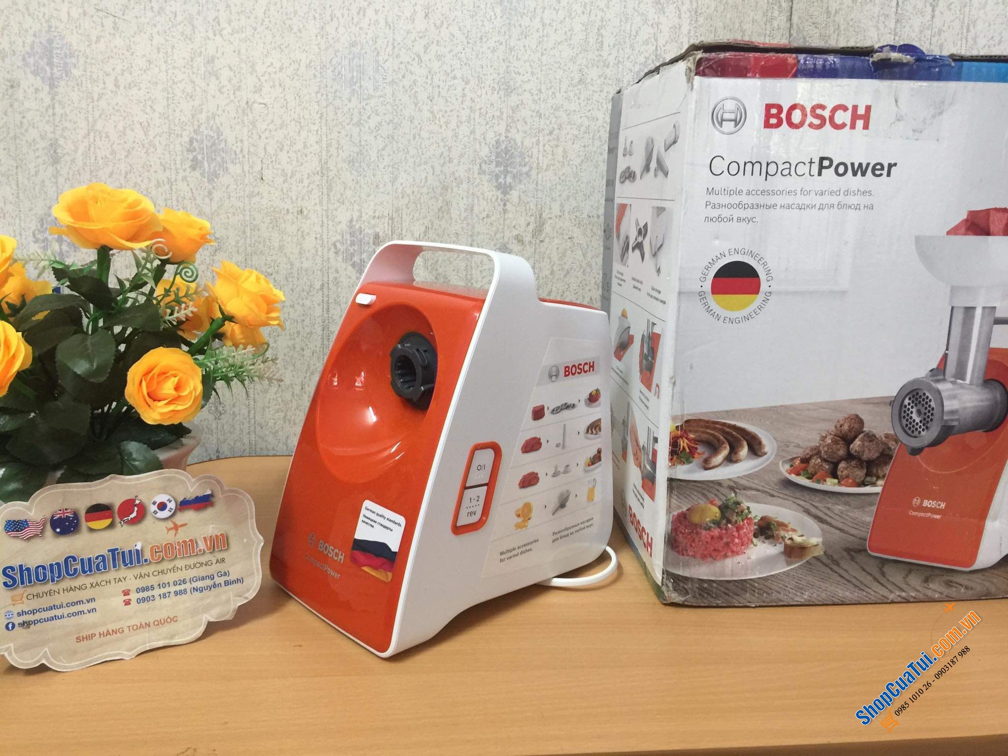 Máy xay thịt BOSCH MFW3630I ( loại có nhồi xúc xích) màu cam - made in EU- Model kèm khuôn làm xúc xích, lạp xưởng, vắt cam, xay thịt, công suất 1600w mạnh mẽ