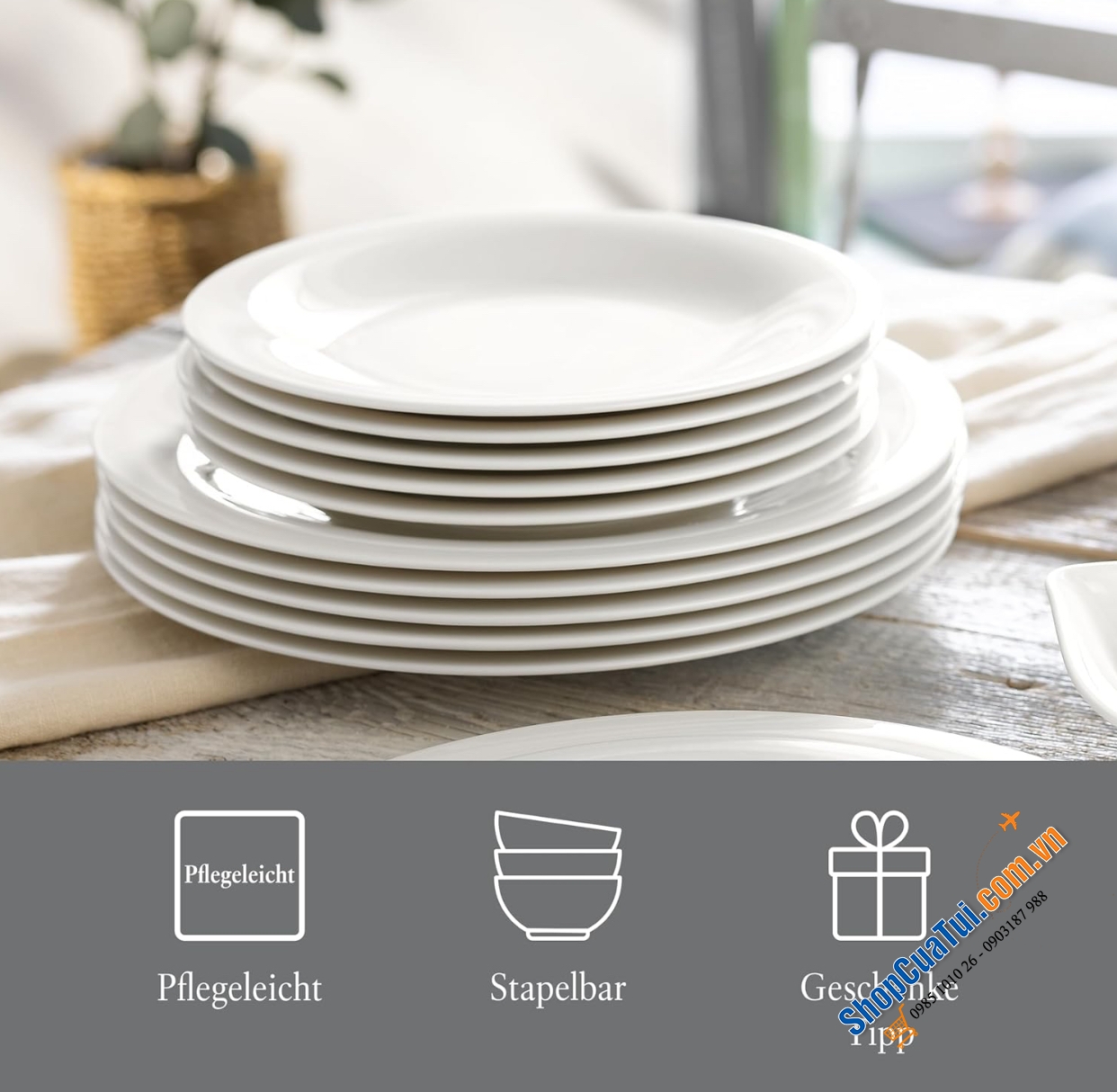 Bộ đĩa Vivo Essential White Dinner Set VILLEROY & BOCH 12 món (gồm 6 đĩa ăn chính 27cm và 6 đĩa ăn sáng 22cm) - MADE IN GERMANY