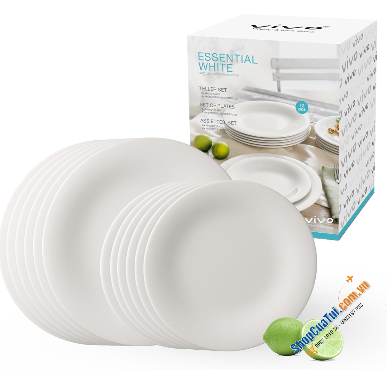 Bộ đĩa Vivo Essential White Dinner Set VILLEROY & BOCH 12 món (gồm 6 đĩa ăn chính 27cm và 6 đĩa ăn sáng 22cm) - MADE IN GERMANY