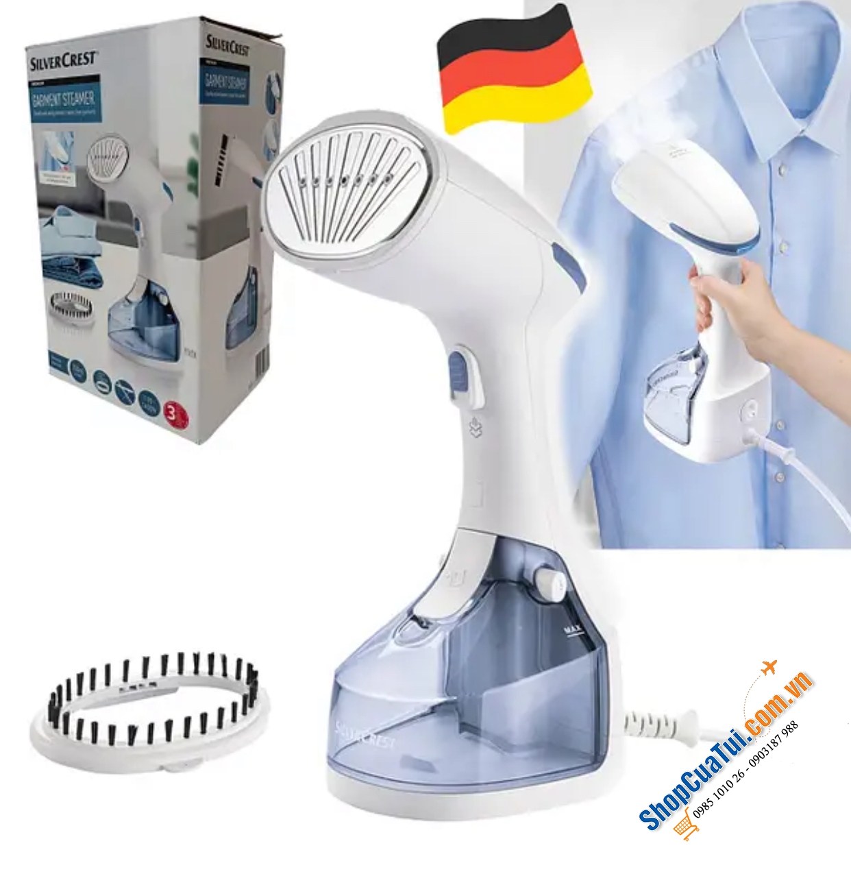 BÀN LÀ HƠI NƯỚC CẦM TAY SILVERCREST SDMF 1300B1 màu trắng xanh.