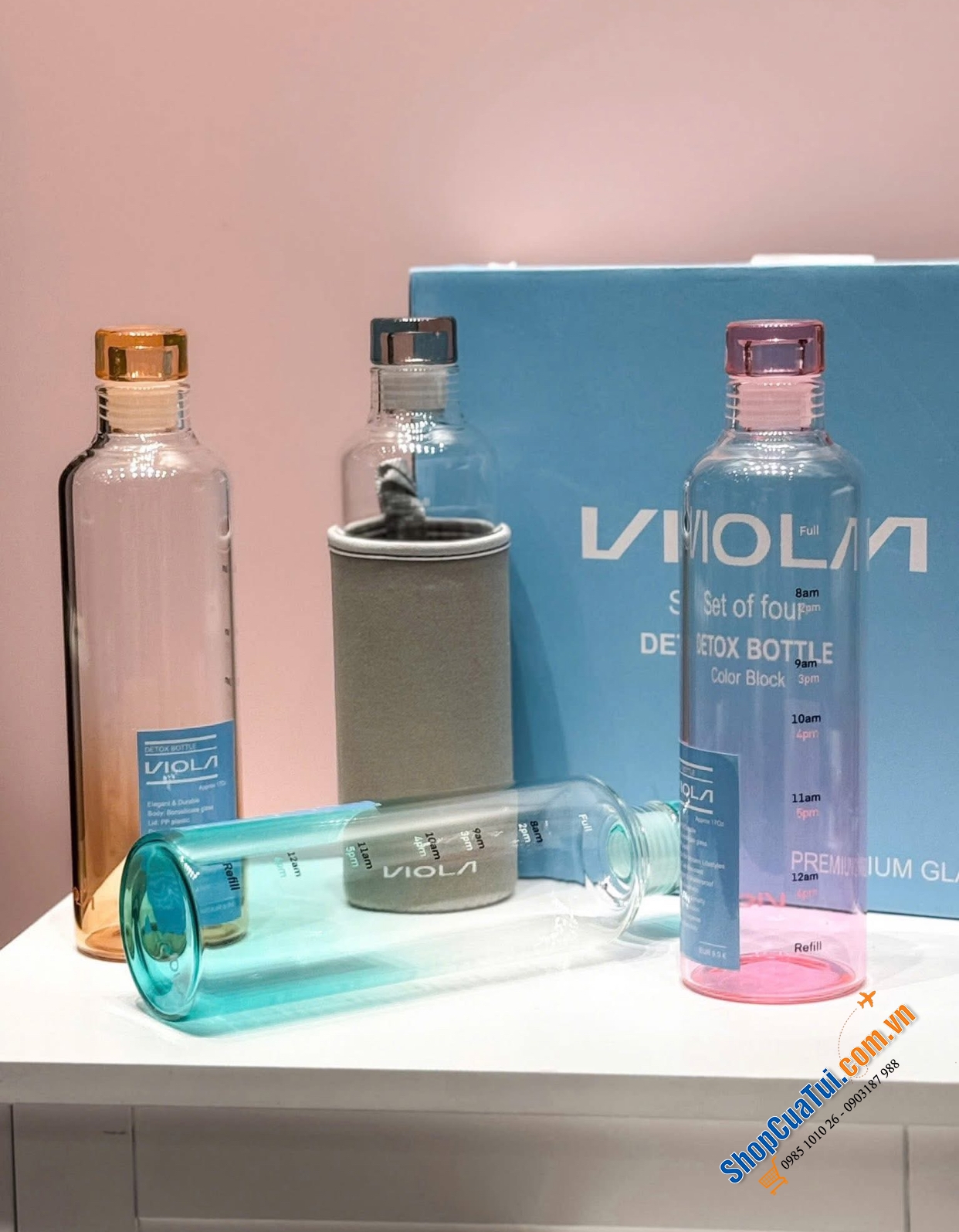 Set 4 bình thủy tinh Detox cao cấp Borosilicate Viola 500ml TẶNG KÈM túi giữ nhiệt & chống va đập – mang đi làm, đi học, đi chơi đều tiện hết nấc!