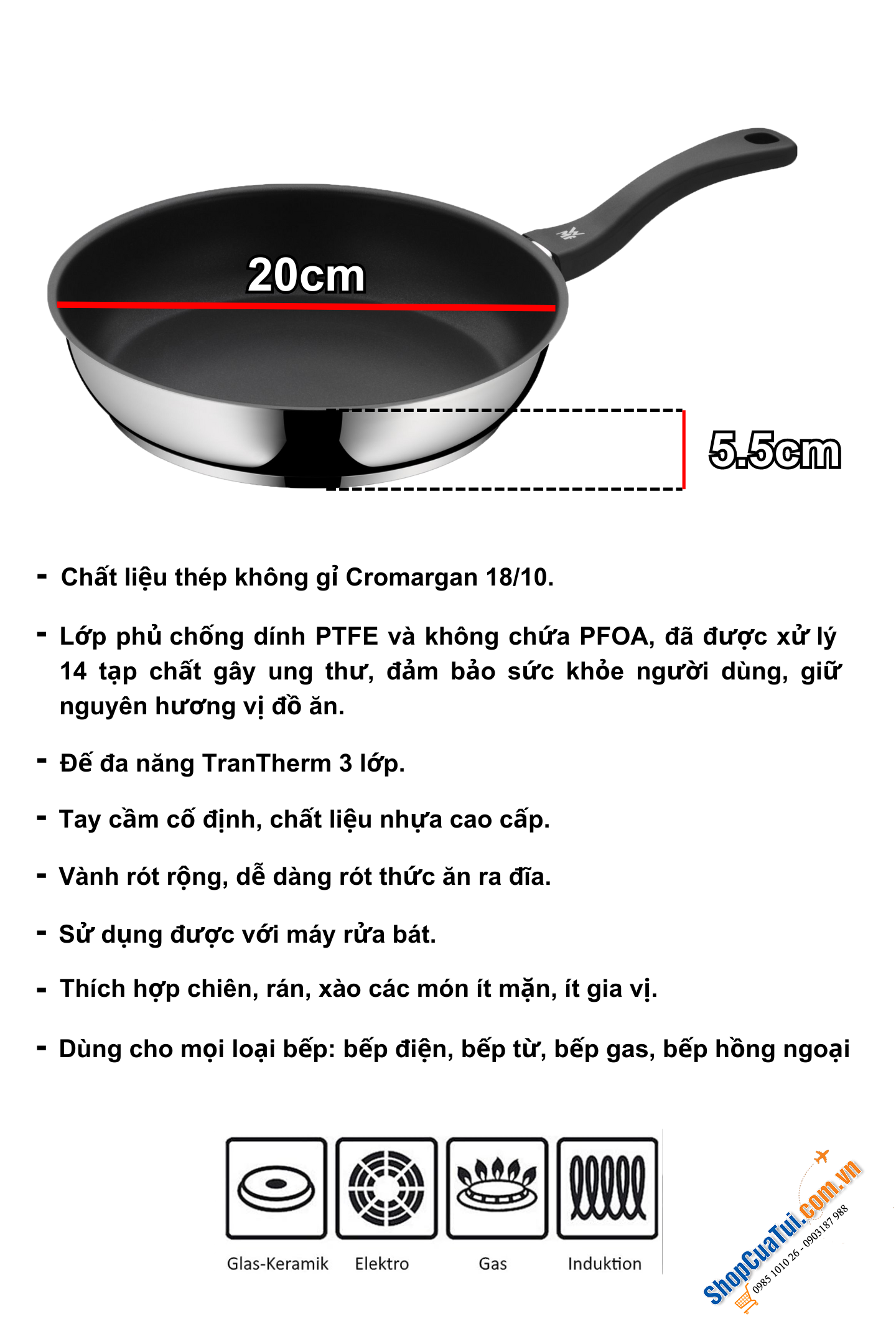 Chảo chống dính WMF Devil Platinum cán nhựa Size 20cm - 24cm - 28cm.