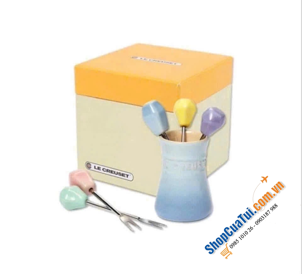 Sét 5 dĩa hoa quả kèm hũ đựng Le Creuset (Food Pick set) - MÀU VÀNG MIMOSA VÀ XANH PASTEL.