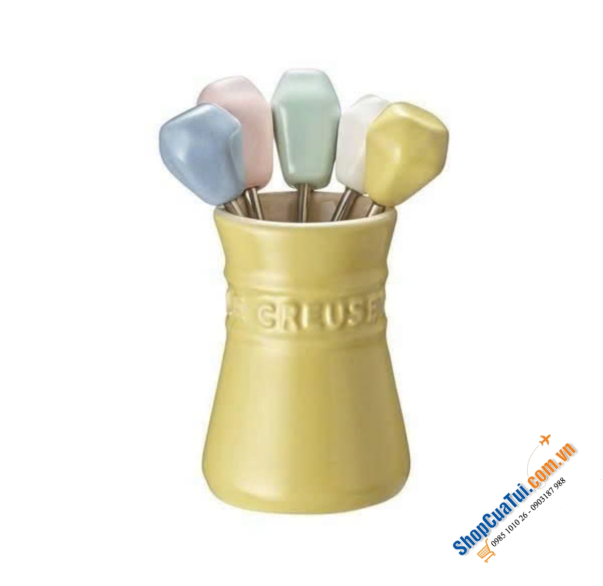 Sét 5 dĩa hoa quả kèm hũ đựng Le Creuset (Food Pick set) - MÀU VÀNG MIMOSA VÀ XANH PASTEL.