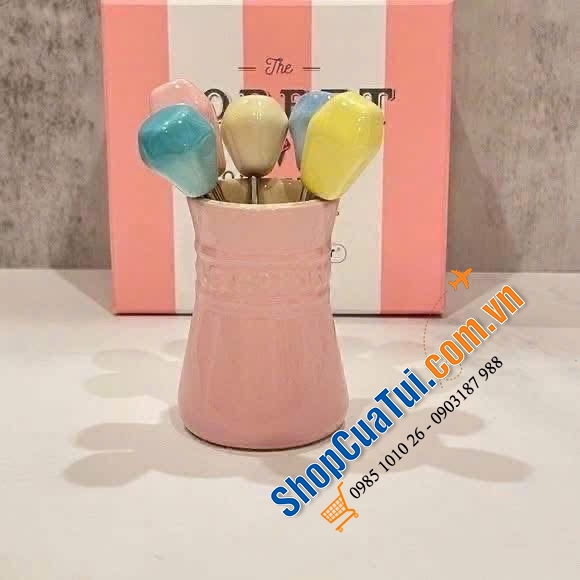 Sét 5 dĩa hoa quả kèm hũ đựng Le Creuset (Food Pick set) - MÀU VÀNG MIMOSA VÀ XANH PASTEL.