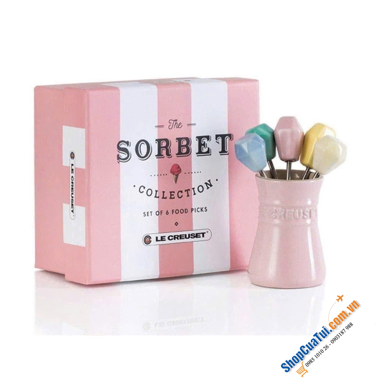 Sét 5 dĩa hoa quả kèm hũ đựng Le Creuset (Food Pick set) - MÀU VÀNG MIMOSA VÀ XANH PASTEL.