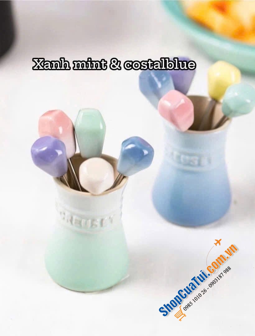 Sét 5 dĩa hoa quả kèm hũ đựng Le Creuset (Food Pick set) - MÀU VÀNG MIMOSA VÀ XANH PASTEL.