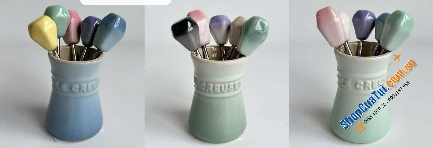 Sét 5 dĩa hoa quả kèm hũ đựng Le Creuset (Food Pick set) - MÀU VÀNG MIMOSA VÀ XANH PASTEL.