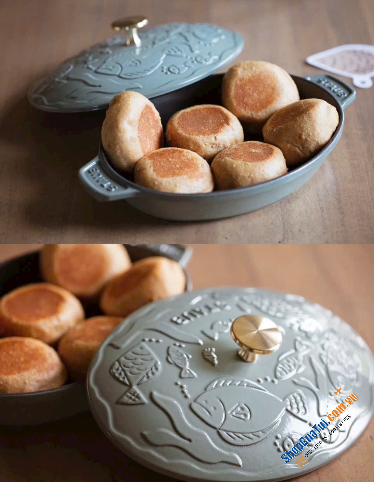 Chảo Staub oval 23cm màu xanh xám có nắp hoạ tiết đại dương - Made in France