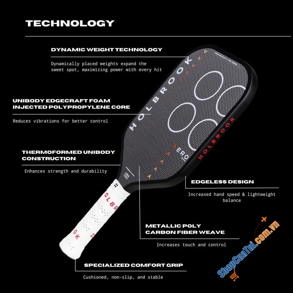 Vợt Pickleball HOLBROOK AERO T METALLIC 16mm – kiểm soát tuyệt vời, cảm giác bóng nhạy bén - Chuẩn thi đấu quốc tế USAPA Approved