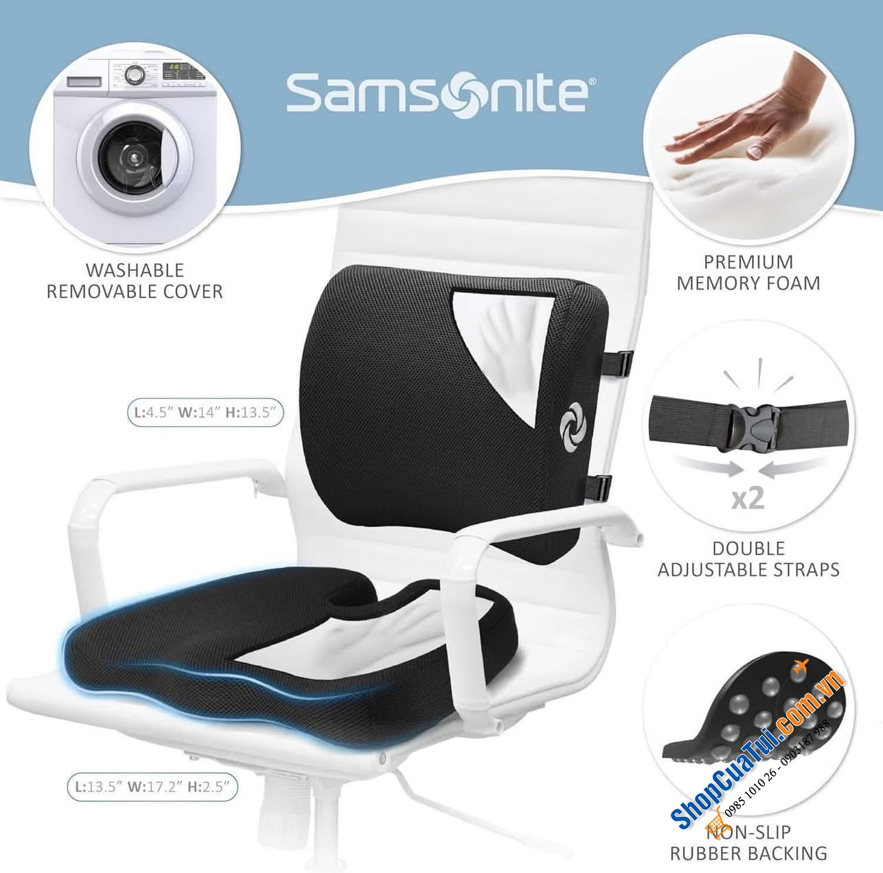 Sét đệm ghế và gối tựa lưng Samsonite.