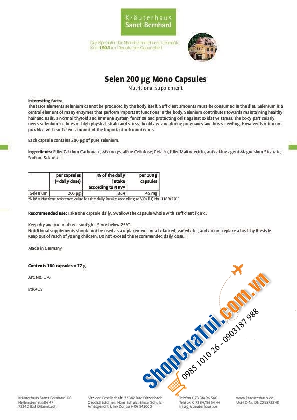 Viên uống Bổ sung Selen hàm lượng 200mg hãng Sanct Bernhard Đức.