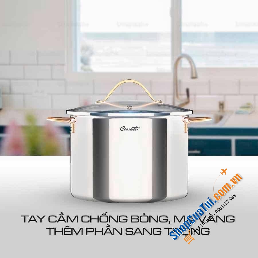 Nồi luộc gà inox 304 cao cấp Ciwete 32cm nắp kính 19 L size to nhất.