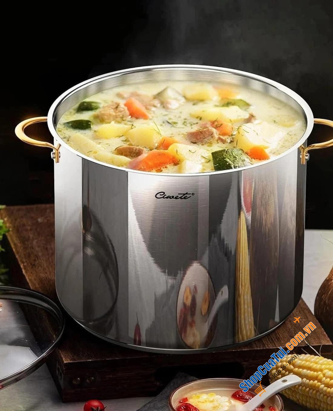 Nồi luộc gà inox 304 cao cấp Ciwete 32cm nắp kính 19 L size to nhất.