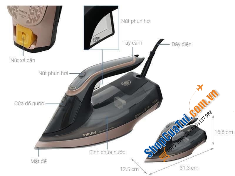 Bàn là hơi nước Philips Azur 8000 DST8041/80 3000W màu đen gold.