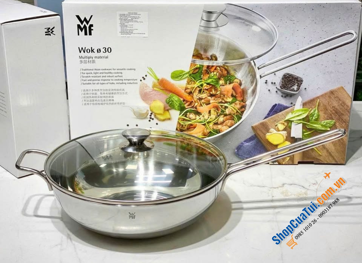 Chảo sâu lòng WMF Wok 30cm kèm vung kính 5,5 lít có tay cầm dài