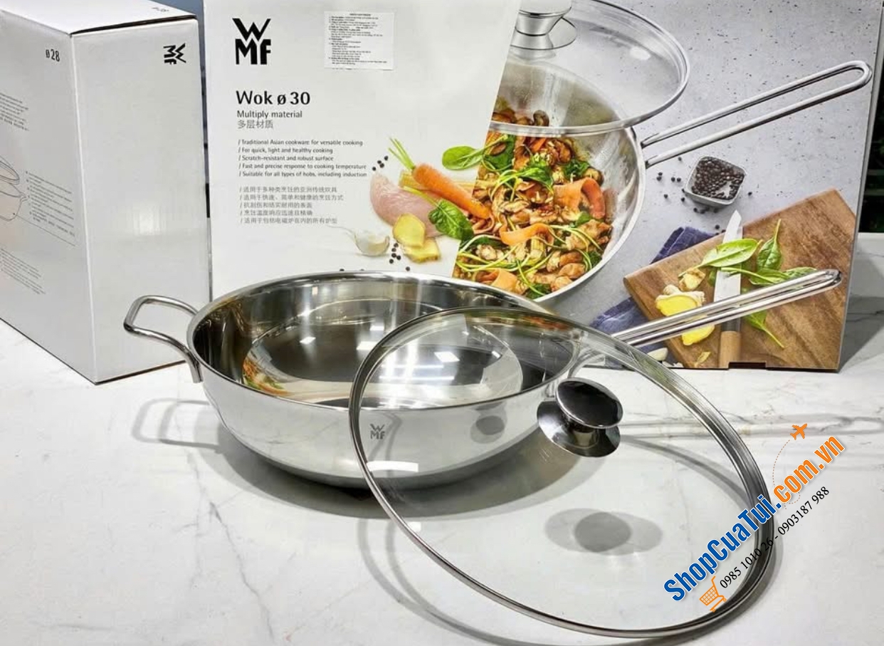 Chảo sâu lòng WMF Wok 30cm kèm vung kính 5,5 lít có tay cầm dài