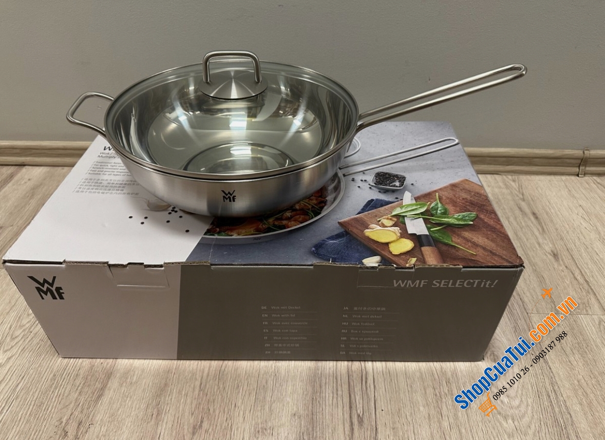 Chảo sâu lòng WMF Wok 30cm kèm vung kính 5,5 lít có tay cầm dài