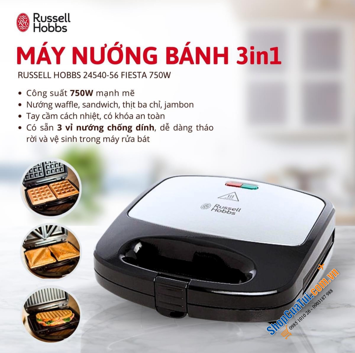 Máy nướng bánh mỳ sandwich Russell Hobbs toaster Fiesta 3in1 24540-56