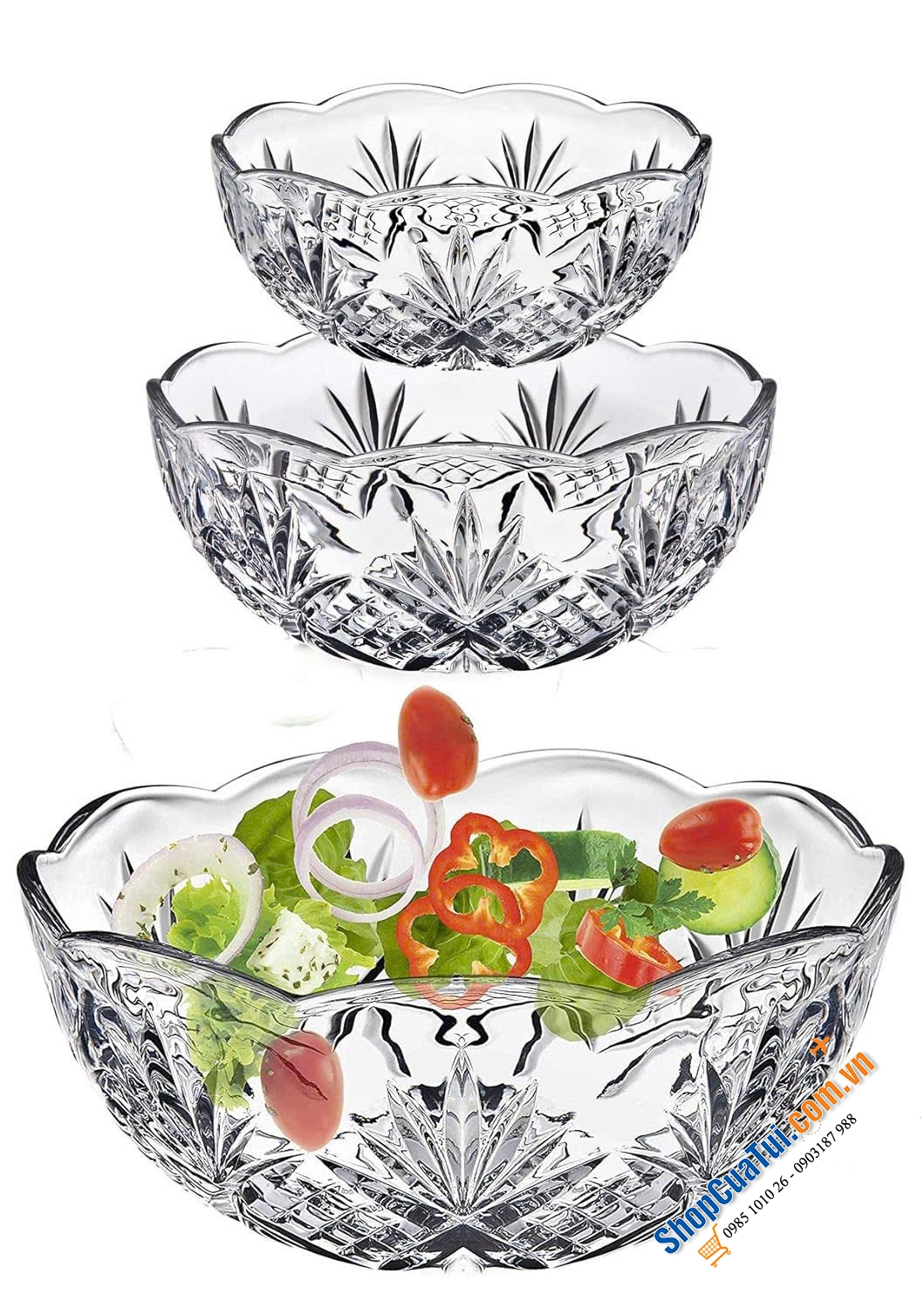 Bộ bát phục vụ 3 món pha lê Dublin của Godinger bao gồm ba bát với kích cỡ khác nhau (1 phở - 1 cơm - 1 chấm).