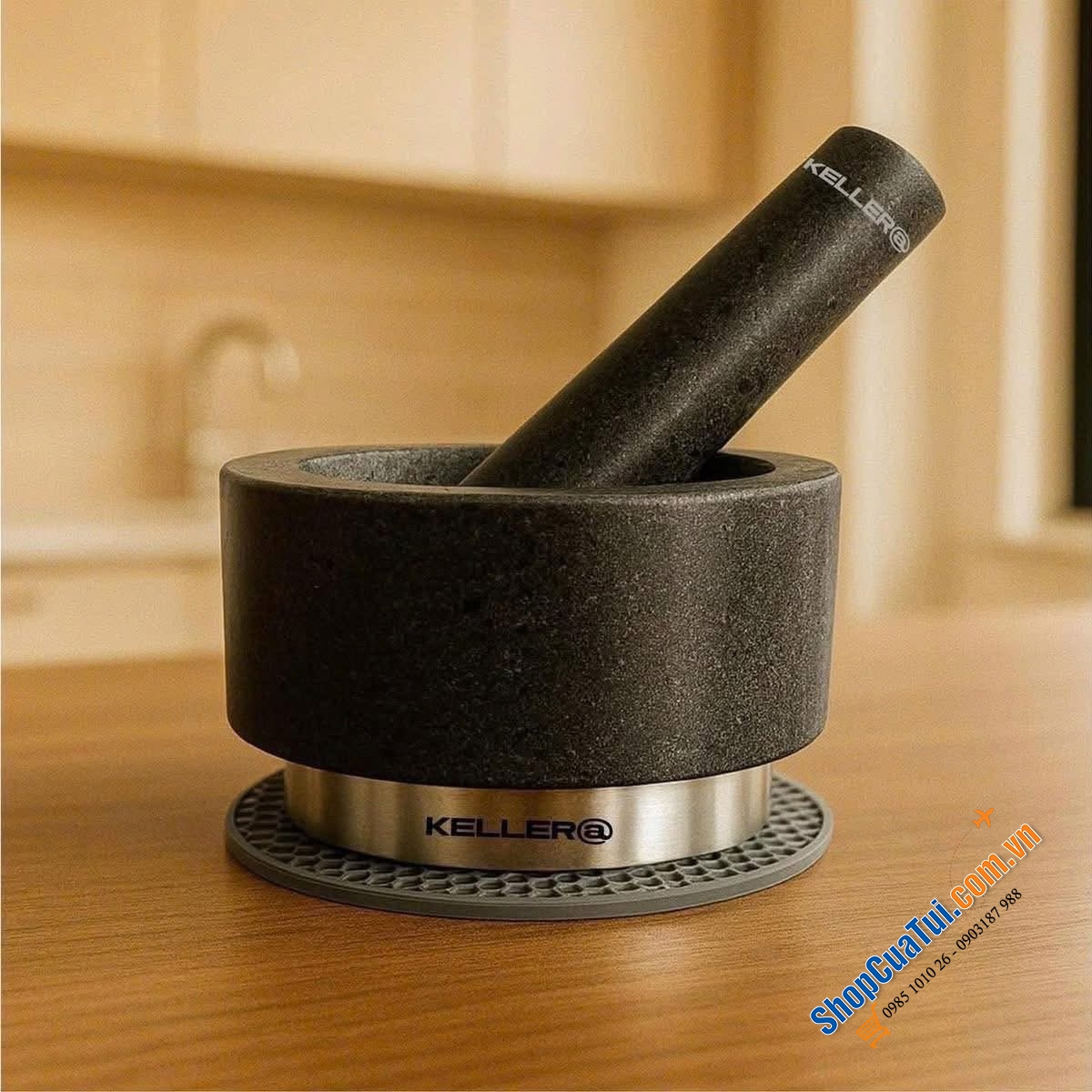 Bộ Cối Chày Đá Granite Nguyên Khối KELLER – GERMANY (2 màu đen - xám).