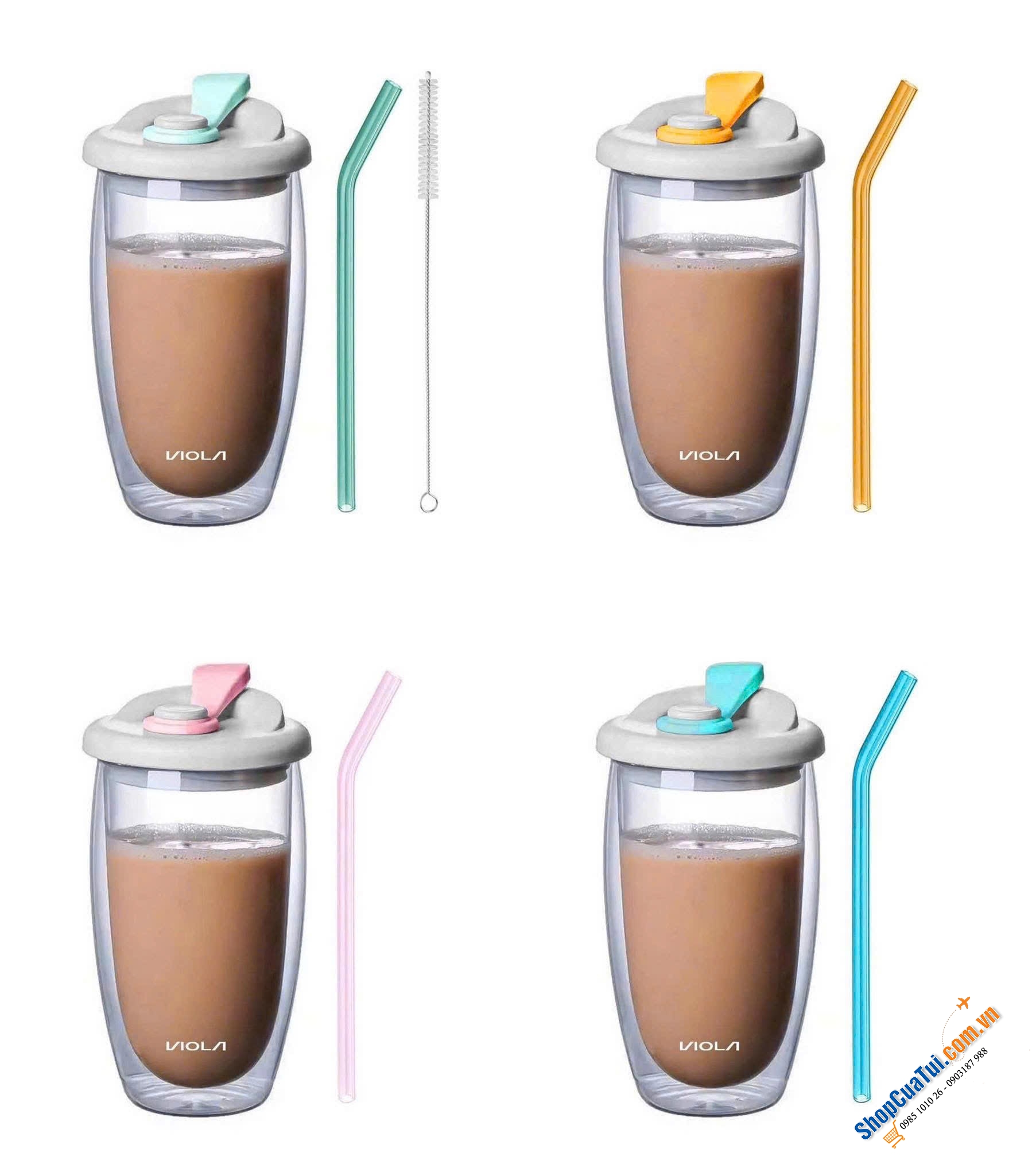 Set cốc 4 đựng bodium 2 lớp 450ml có nắp kèm ống hút Viola