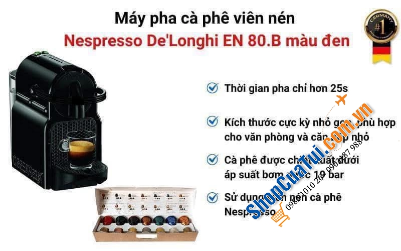 Máy pha cà phê viên nén Nespresso De\\\'Longhi EN 80.B màu đen - Made in Ucraina (tặng kèm hộp cà phê 7 viên nén chính hãng).