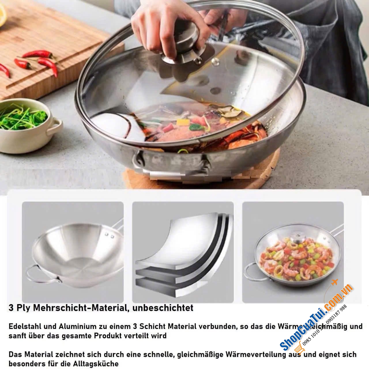 CHẢO XÀO ĐÁY LIỀN ZWILLING  TWIN NOVA III 30CM KÈM VUNG KÍNH.