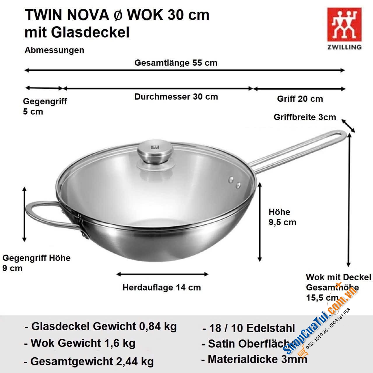 CHẢO XÀO ĐÁY LIỀN ZWILLING  TWIN NOVA III 30CM KÈM VUNG KÍNH.