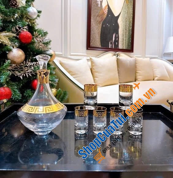 Bộ bình rượu ly Bohemia mạ vàng 24k mẫu mới nhất.
