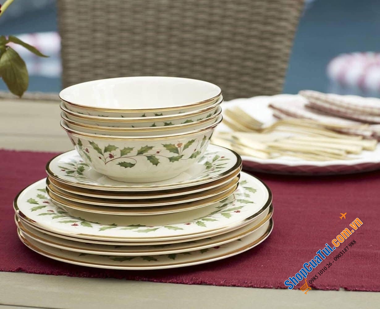 Sét bát đĩa viền vàng 24 karat Lenox Holiday.