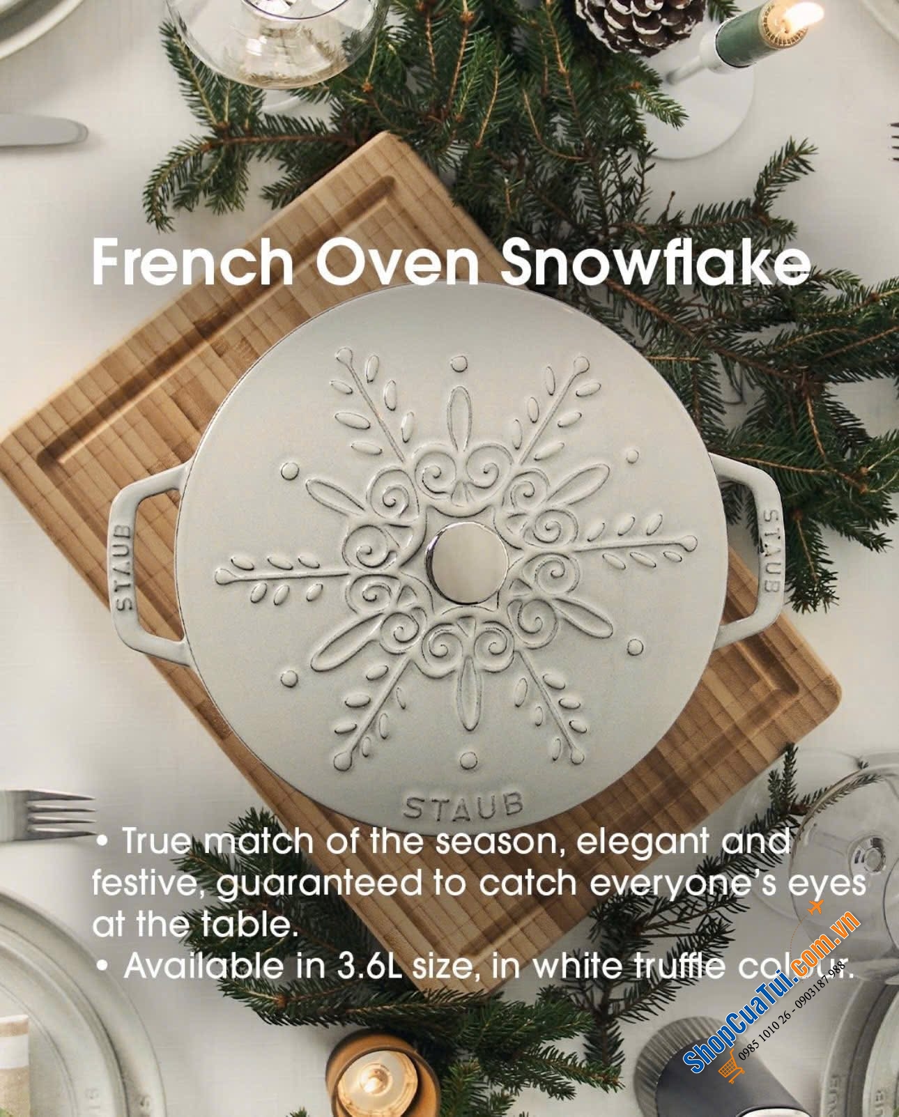 Nồi STAUB Gam truffle white họa tiết bông tuyết 24cm.