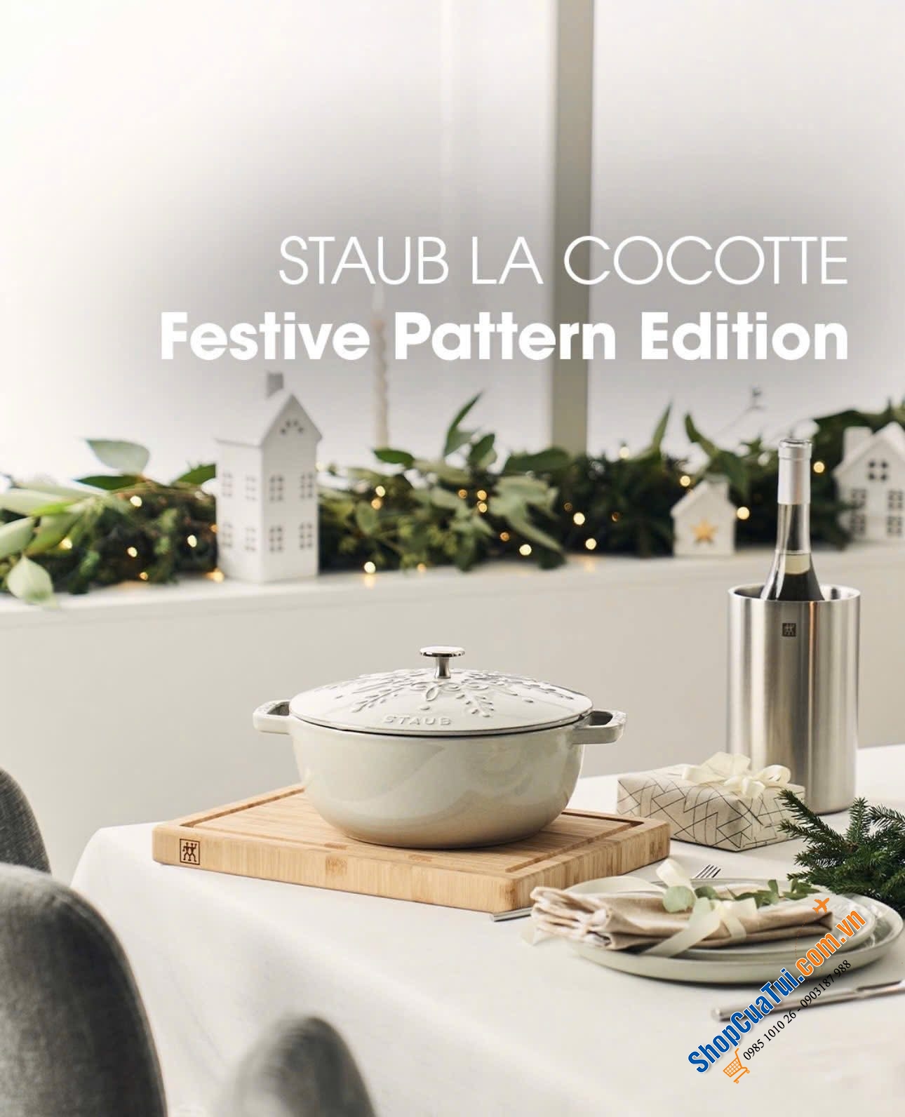 Nồi STAUB Gam truffle white họa tiết bông tuyết 24cm.