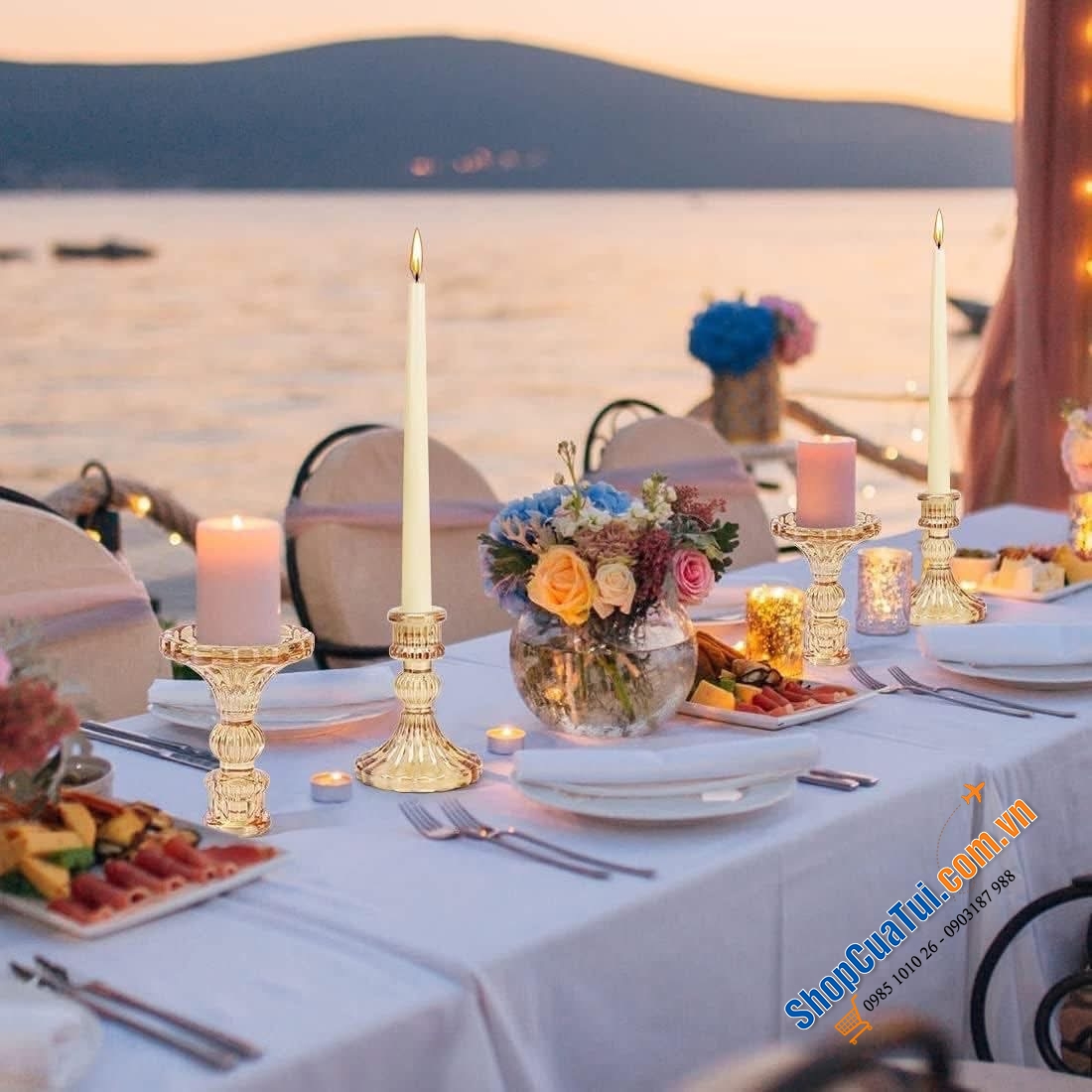 Bộ 6 chân nến Kanpura màu: đỏ, hồng, vàng, xanh lá, trắng.