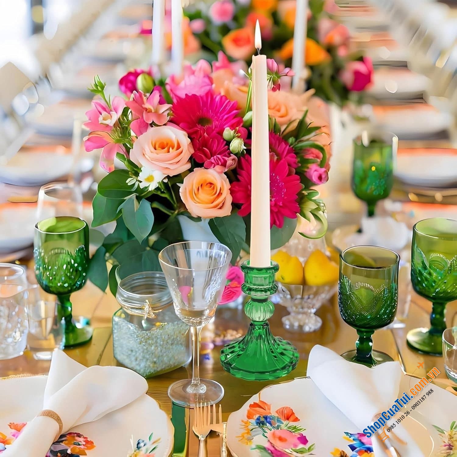 Bộ 6 chân nến Kanpura màu: đỏ, hồng, vàng, xanh lá, trắng.