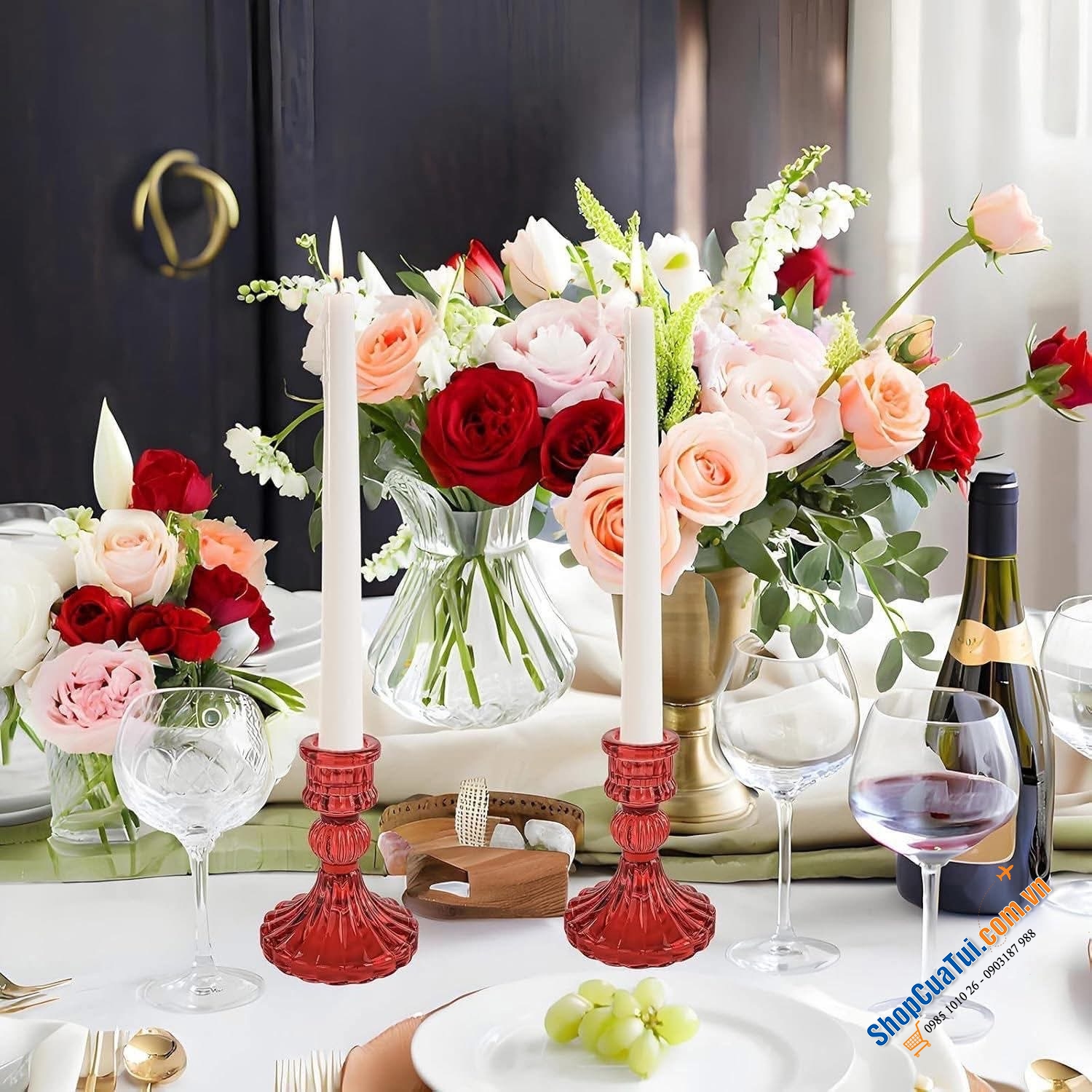 Bộ 6 chân nến Kanpura màu: đỏ, hồng, vàng, xanh lá, trắng.