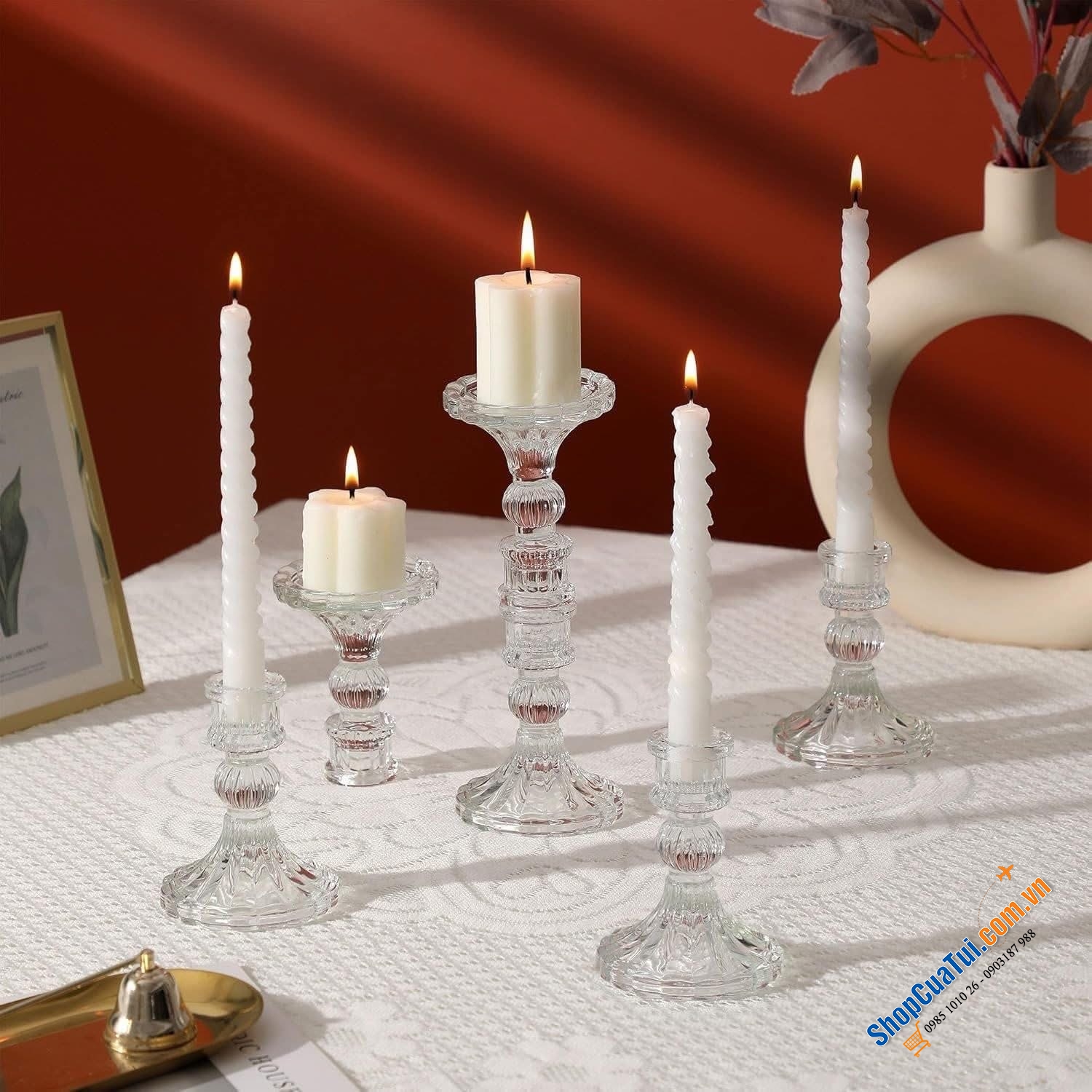 Bộ 6 chân nến Kanpura màu: đỏ, hồng, vàng, xanh lá, trắng.