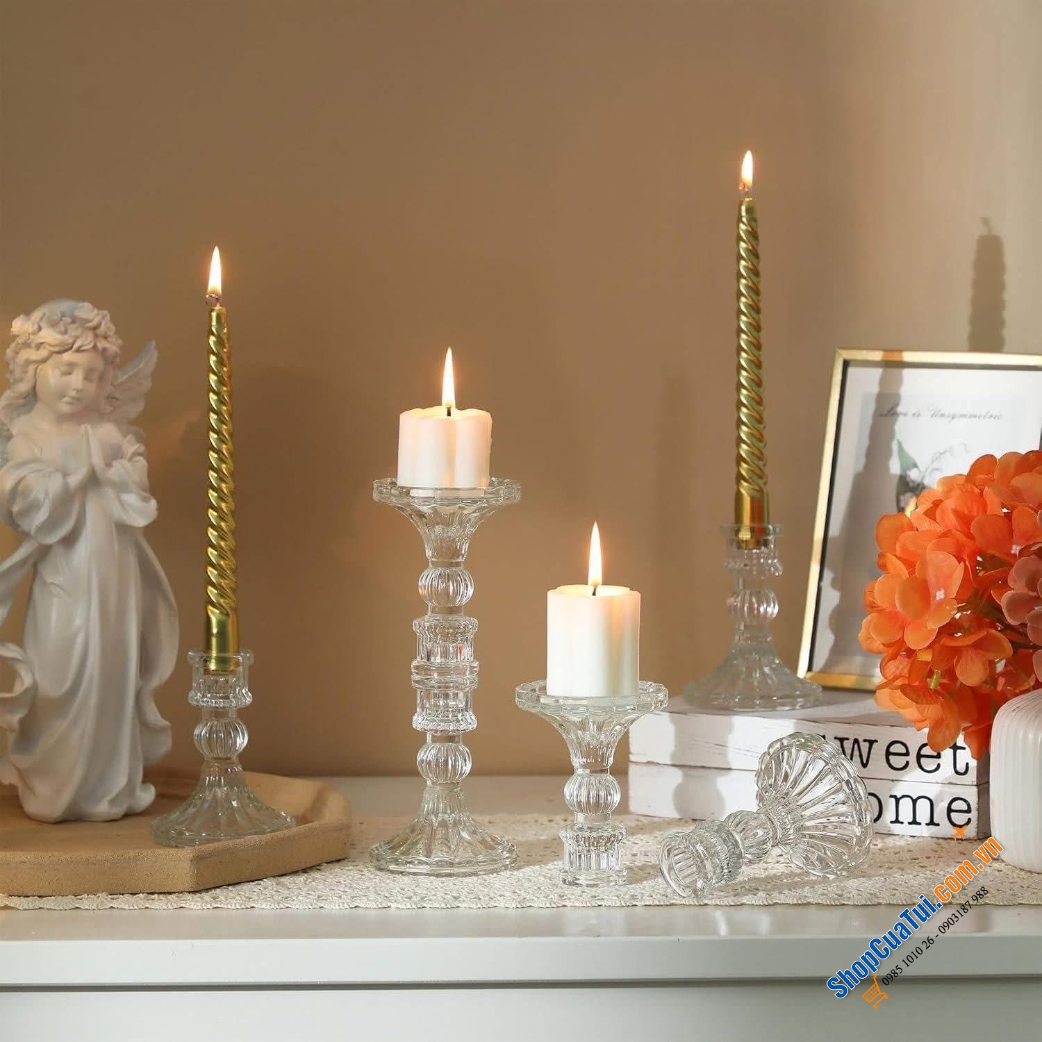 Bộ 6 chân nến Kanpura màu: đỏ, hồng, vàng, xanh lá, trắng.