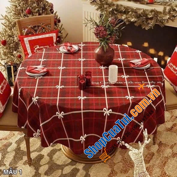 Khăn trải bàn Giáng sinh Jacquard cao cấp hình tròn.