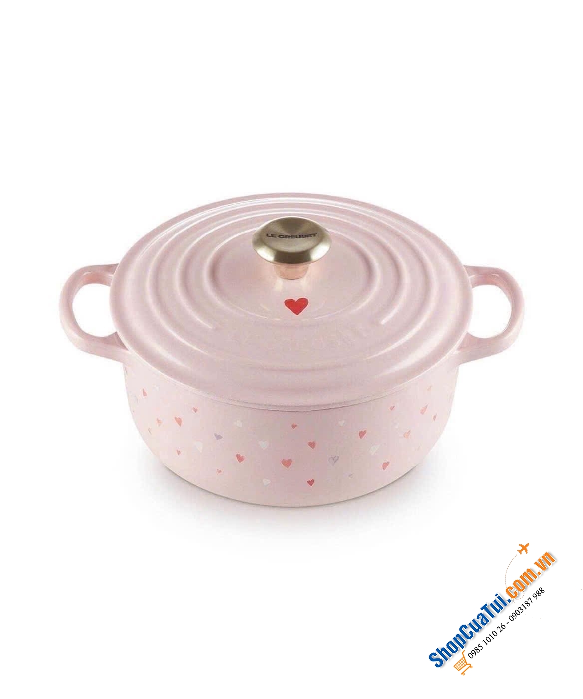 Nồi gang Le Creuset Valentine Heart 20cm – 2.4L (màu hồng) + Tặng kèm phới dẹt hoạ tiết trái tim.