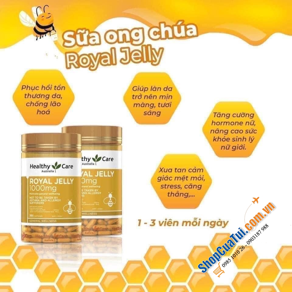 Sữa Ong Chúa Úc Healthy Care Royal Jelly 1000 365 Capsules - Chống suy nhược, giảm mỡ máu, giảm stress, mất ngủ, biếng ăn,...và công dụng làm đẹp