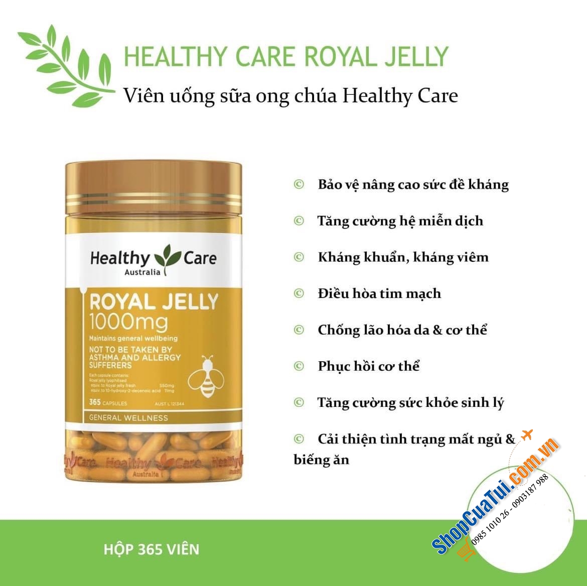 Sữa Ong Chúa Úc Healthy Care Royal Jelly 1000 365 Capsules - Chống suy nhược, giảm mỡ máu, giảm stress, mất ngủ, biếng ăn,...và công dụng làm đẹp