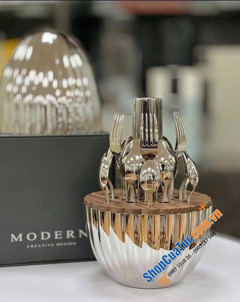 Set dao dĩa trứng rồng 24 món Modern mầu bạc & đồng.