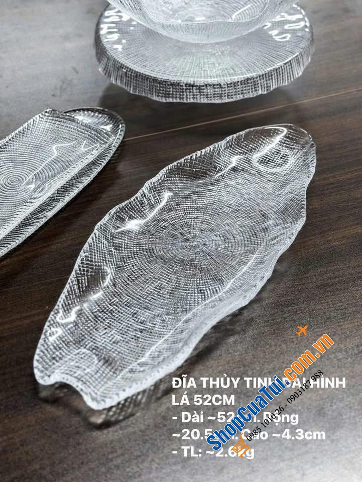 Đĩa thuỷ tinh dài hình lá 52cm Florence handmade.